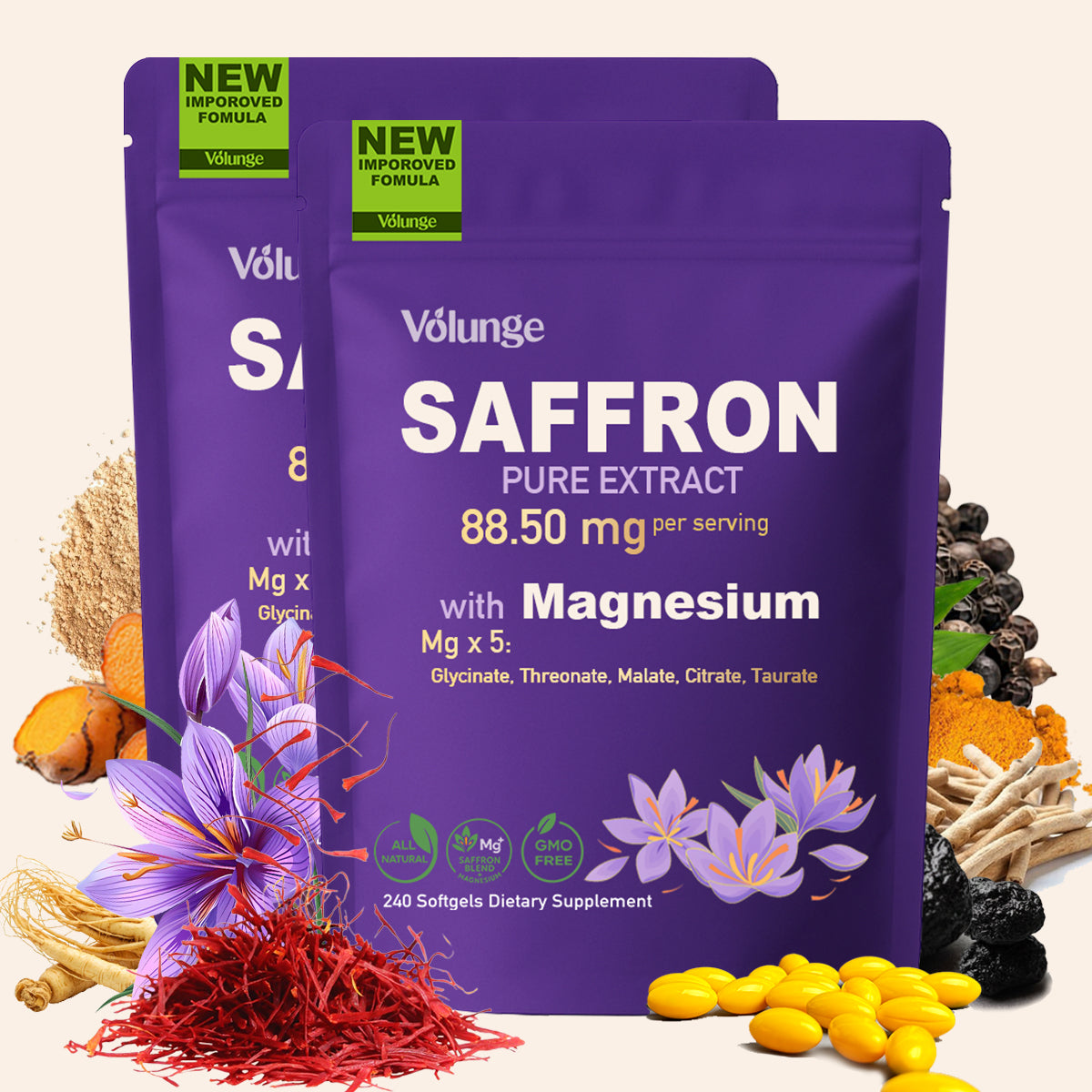 Volunge Saffron Pure Extract — Energy, Mood & Daily Drive Support with 88.5mg Saffron + 5-Magnesium Complex • Vegan • 240 Softgels