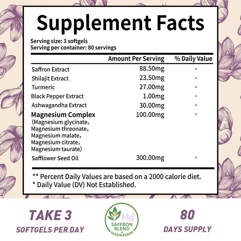 Volunge Saffron Supplement 88.5mg with 5 Types of Magnesium – Mood, Focus, Energy & Eye Health – Non-GMO, Vegan – 240 Softgels