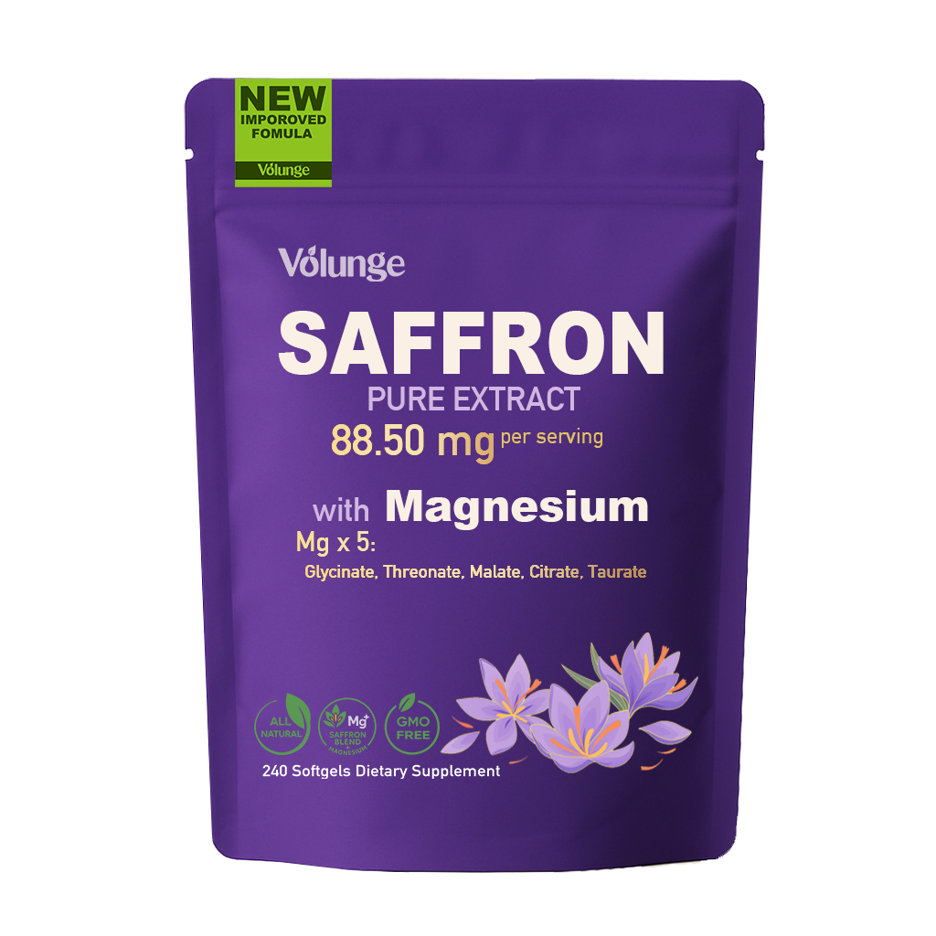Volunge Saffron Supplement 88.5mg with 5 Types of Magnesium – Mood, Focus, Energy & Eye Health – Non-GMO, Vegan – 240 Softgels