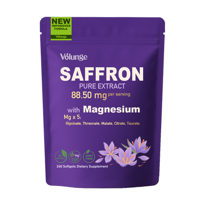 Volunge Saffron Supplement 88.5mg with 5 Types of Magnesium – Mood, Focus, Energy & Eye Health – Non-GMO, Vegan – 240 Softgels