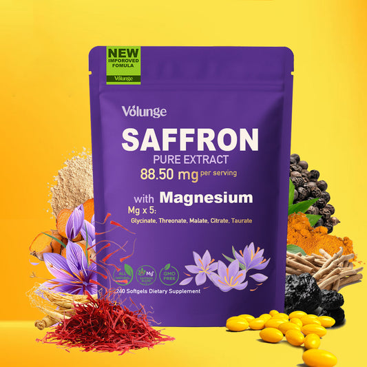 Volunge Saffron Pure Extract — Energy, Mood & Daily Drive Support with 88.5mg Saffron + 5-Magnesium Complex • Vegan • 240 Softgels