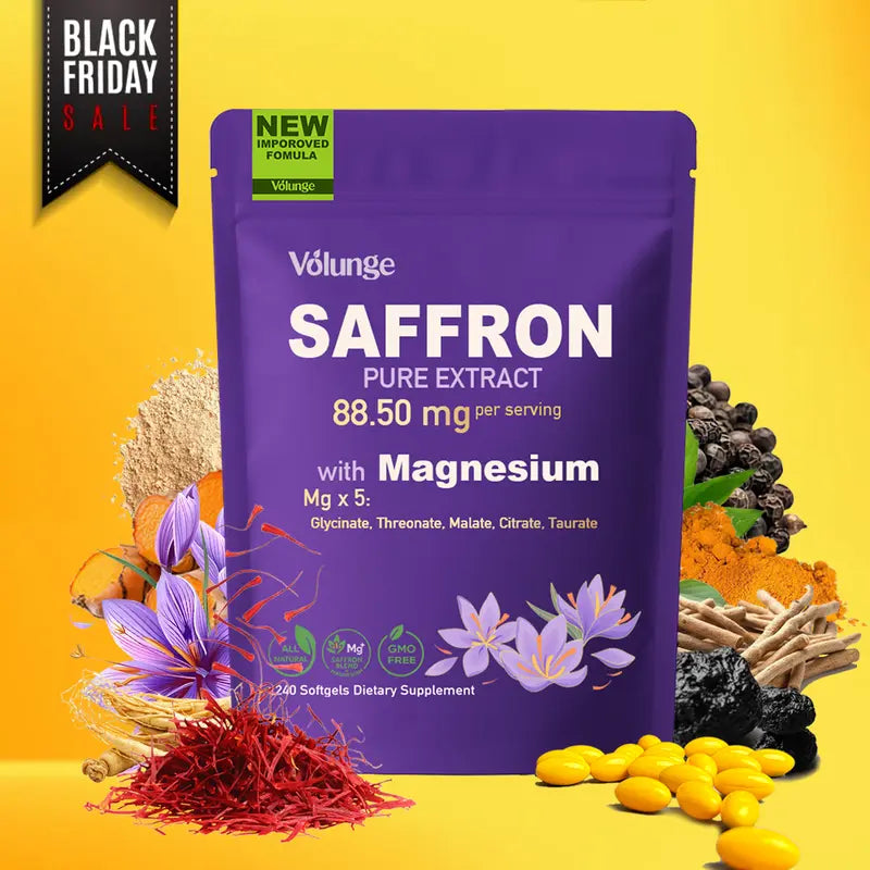 Volunge Saffron Supplement 88.5mg with 5 Types of Magnesium – Mood, Focus, Energy & Eye Health – Non-GMO, Vegan – 240 Softgels
