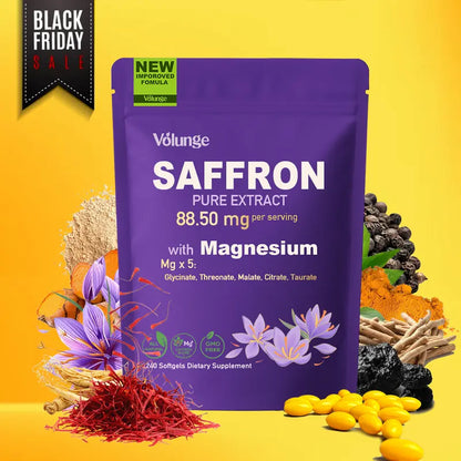 Volunge Saffron Supplement 88.5mg with 5 Types of Magnesium – Mood, Focus, Energy & Eye Health – Non-GMO, Vegan – 240 Softgels