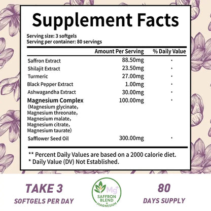 Volunge Saffron Supplement 88.5mg with 5 Types of Magnesium – Mood, Focus, Energy & Eye Health – Non-GMO, Vegan – 240 Softgels