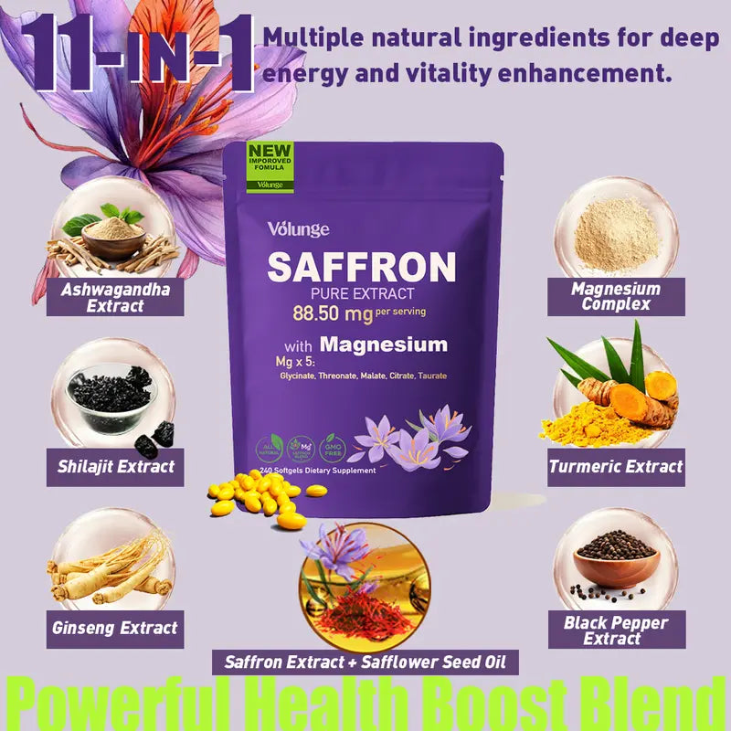 Volunge Saffron Supplement 88.5mg with 5 Types of Magnesium – Mood, Focus, Energy & Eye Health – Non-GMO, Vegan – 240 Softgels